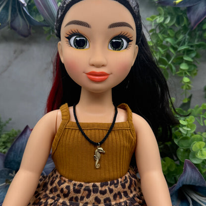 Gold Seahorse Pendant Black Fabric Cord Doll Necklace • 18 Inch Fashion Doll Jewelry