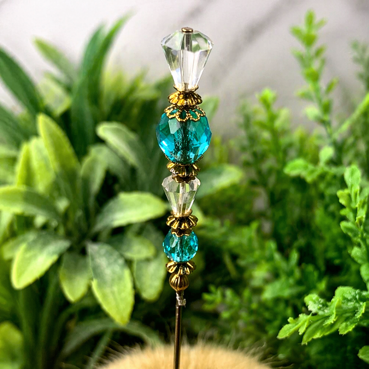 Turquoise Blue & Clear Crystal - Gold Tone Findings- 6” Pin • Hatpin - Stick Pin