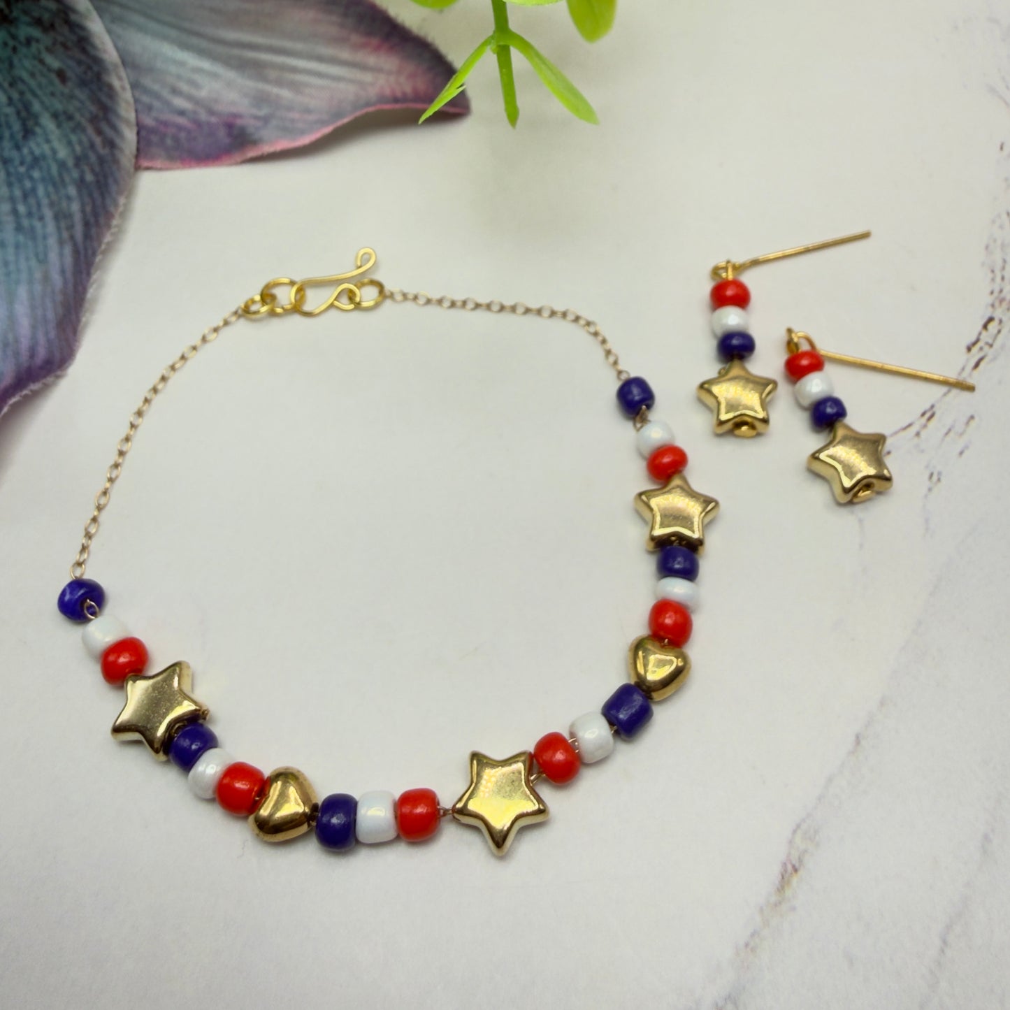 Red White Blue Beaded Americana Gold Star Heart Doll Necklace & Earrings Set for 18 Inch Fashion Doll