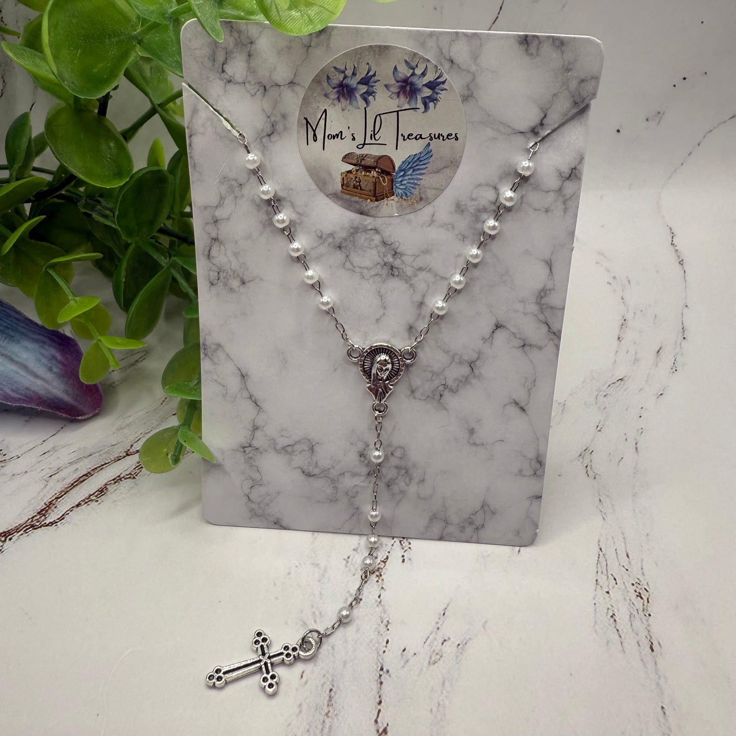 White Pearl Beaded Silver Chain & Cross • Doll Size Catholic Rosary for 18-22” Fashion or Vintage Dolls