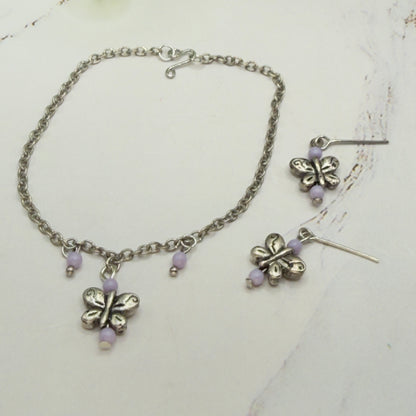 Silver Butterfly Light Purple Bead Accent Charm Doll Necklace & Earrings • 18 Inch Fashion Doll Jewelry