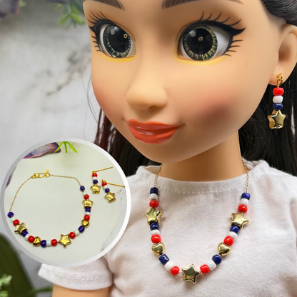 Red White Blue Beaded Americana Gold Star Heart Doll Necklace & Earrings Set for 18 Inch Fashion Doll