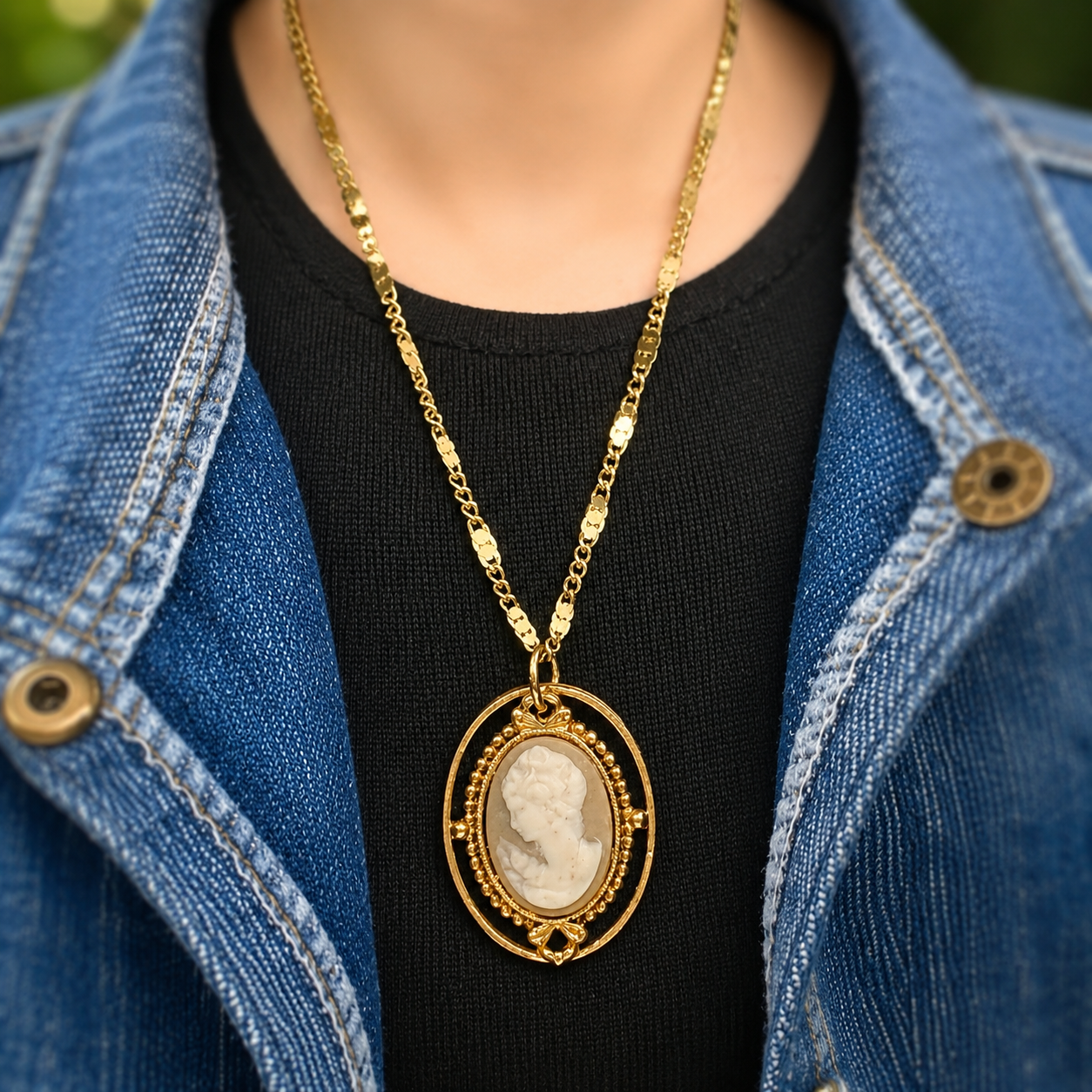 Tan Brown Cameo Gold Tone Doll Necklace • 18 Inch Doll Jewelry