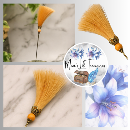 Peach Orange Fiber Tassel Broom Gold Tone Filigree • 7.25” Hatpin - Stick Pin