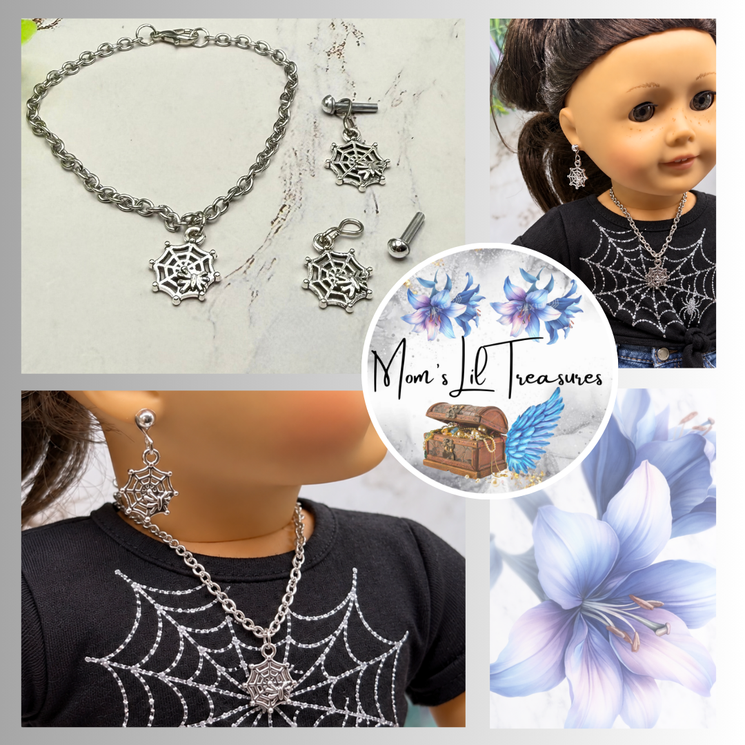 Halloween Silver Spider Web Necklace and 2mm Post Earrings Set | for 18 Inch Dolls • American Girl