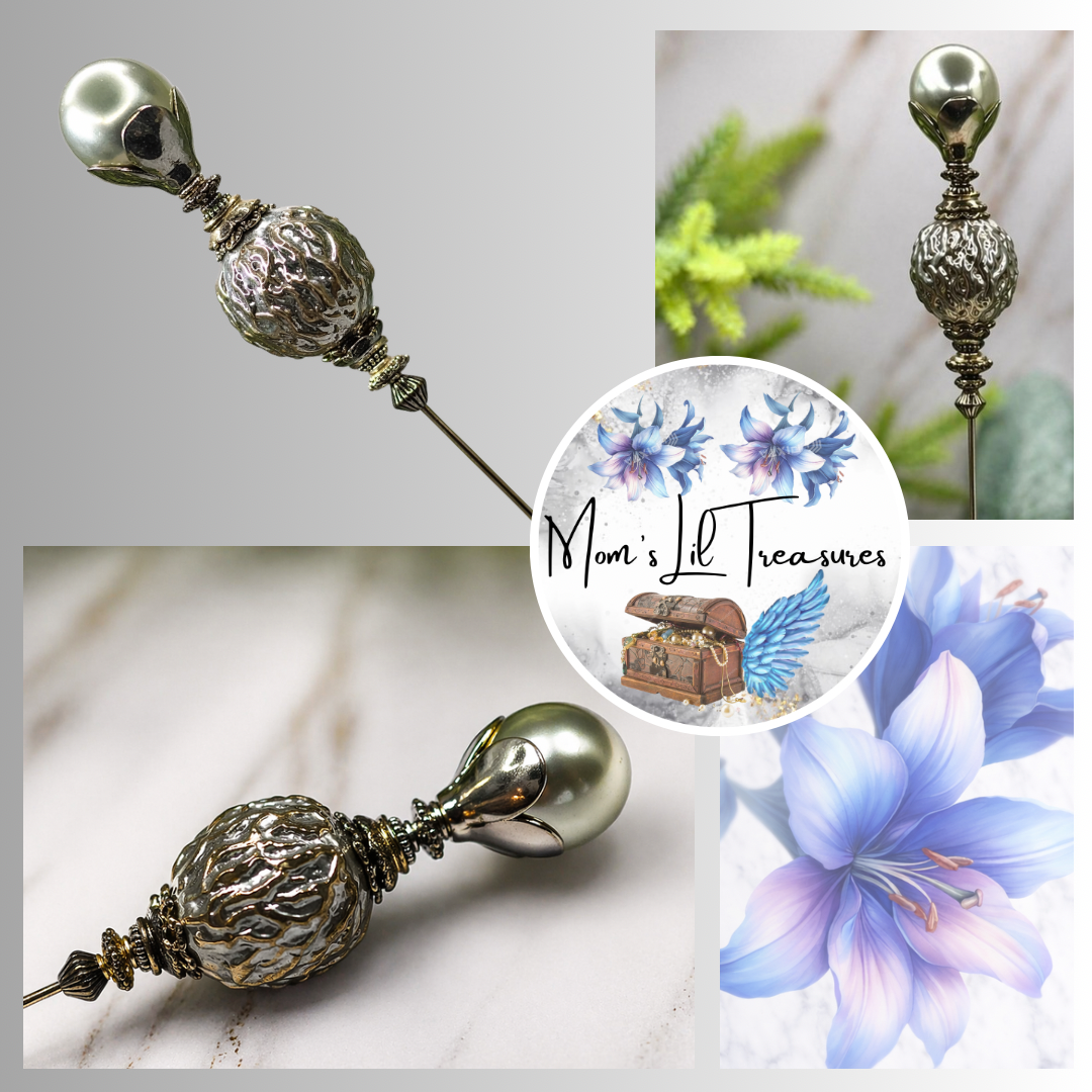 Gray Pearl Silver Gold Tone Filigree • 8.75” • Hatpin