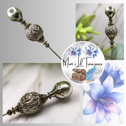 Gray Pearl Silver Gold Tone Filigree • 8.75” • Hatpin