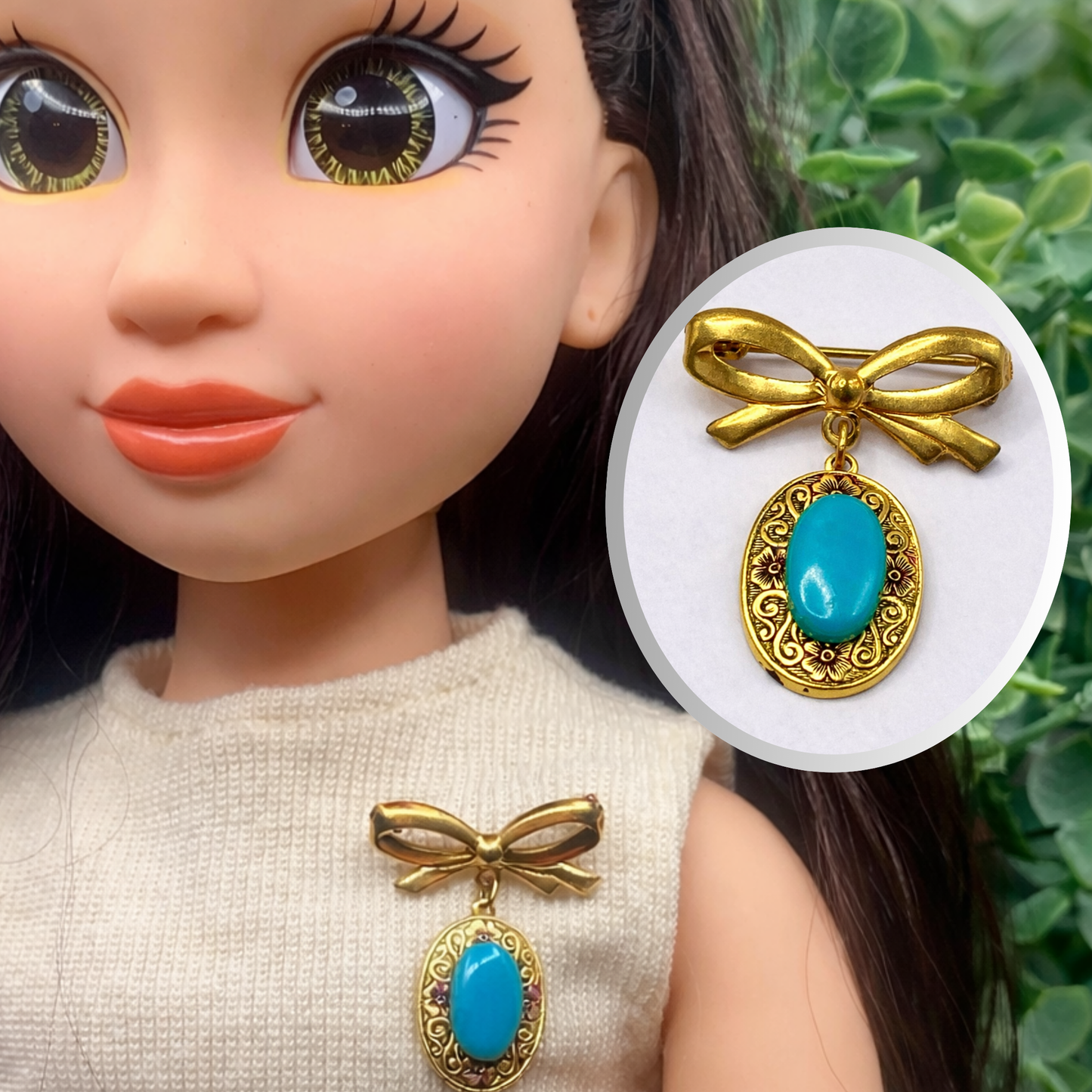 Gold Tone Turquoise Blue Pendant • Doll Brooch