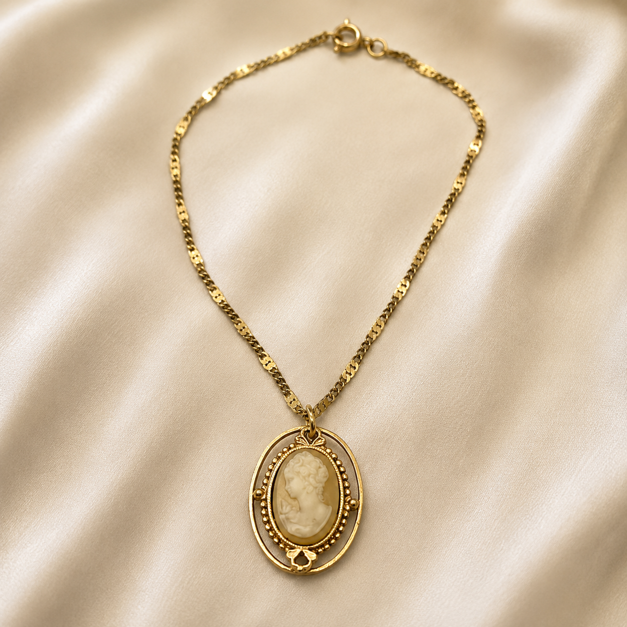 Tan Brown Cameo Gold Tone Doll Necklace • 18 Inch Doll Jewelry
