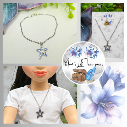 Blue Rhinestone Star Charm Silver Chain Doll Necklace for 18 Inch Fashion Doll