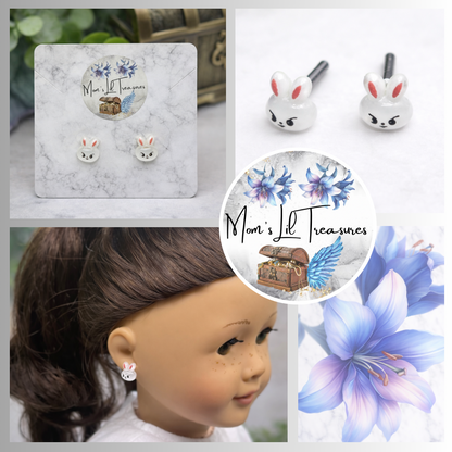 White Bunny Face Easter Post Doll Earrings • 2mm Post for 18 Inch Fashion Dolls