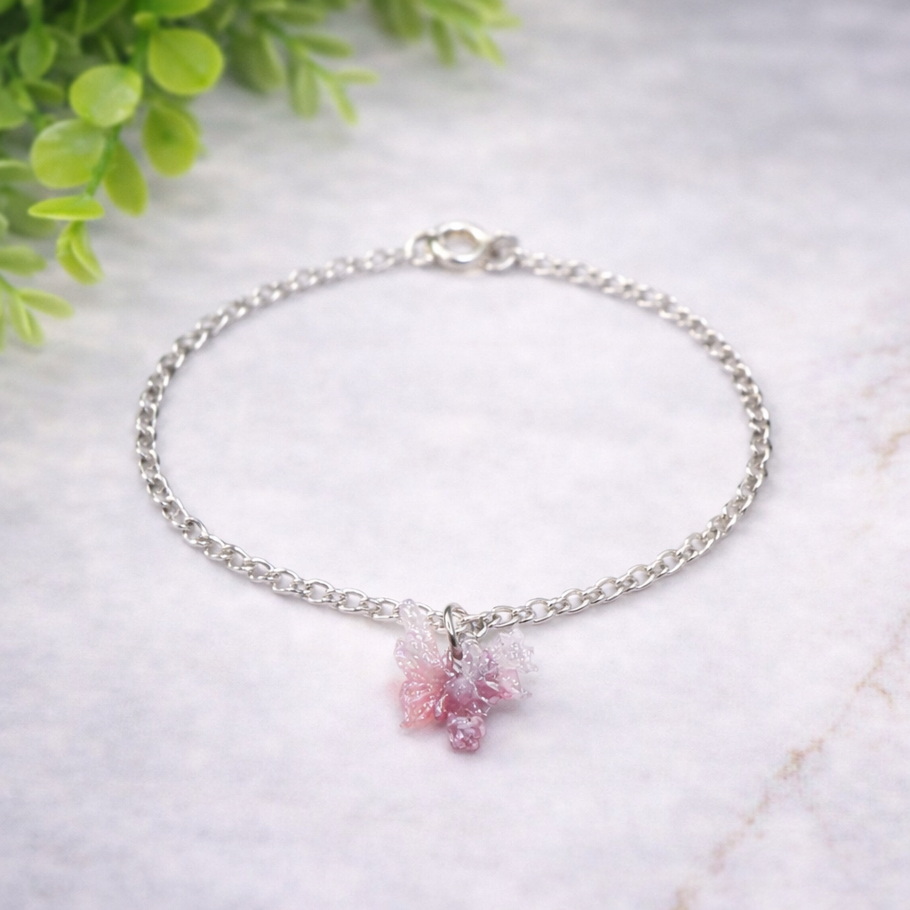 Pink White Glittery Acrylic Floral Butterfly Charm Silver Chain Doll Necklace • 18 Inch Fashion Doll Jewelry