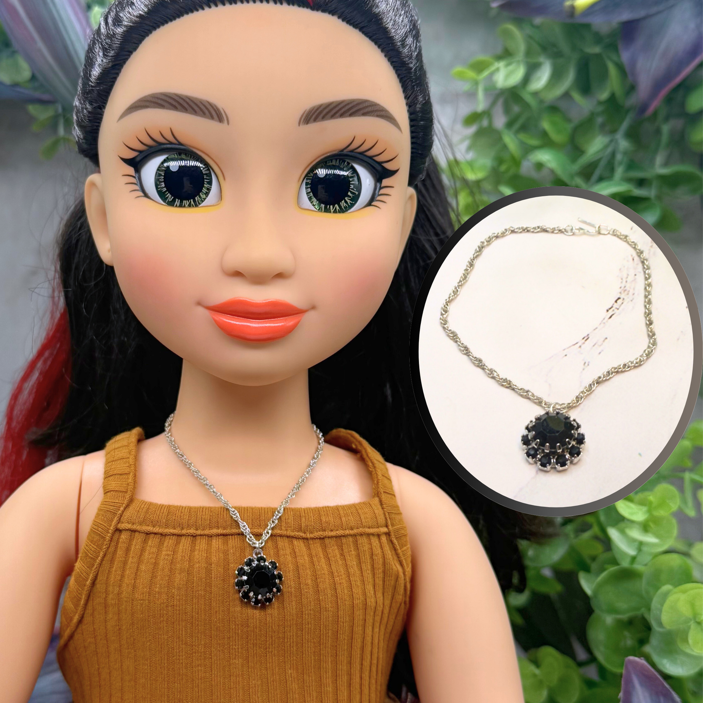 Black Rhinestone Round Flower Pendant Silver Chain Doll Necklace • 18 Inch Fashion Doll Jewelry