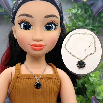 Black Rhinestone Round Flower Pendant Silver Chain Doll Necklace • 18 Inch Fashion Doll Jewelry