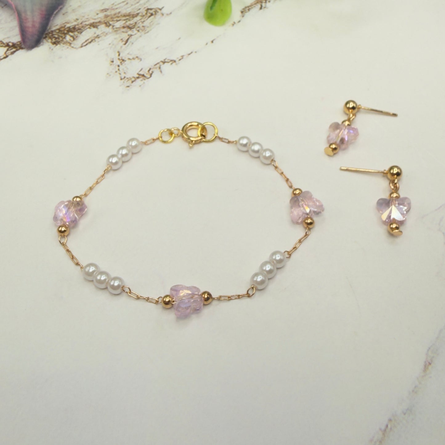 Light Pink Acrylic Crystal & Pearl Beaded Doll Necklace and Earrings Set • 18 Inch Fashion Doll Jewelry