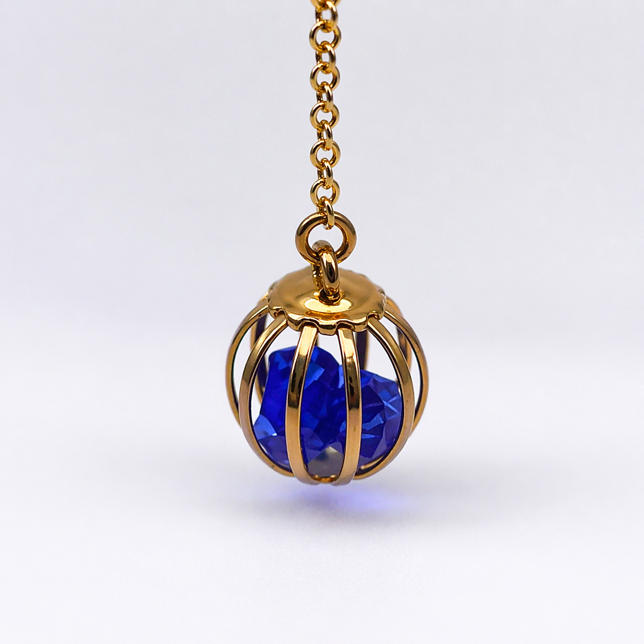 Blue Crystal and Gold Tone Chain Cage Bead Dangle Earrings - Handmade
