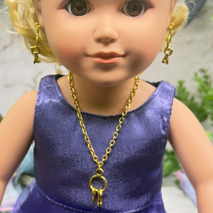 Key Ring Pendant Gold Chain Doll Necklace & Earrings Set • 18 Inch Fashion Doll Jewelry