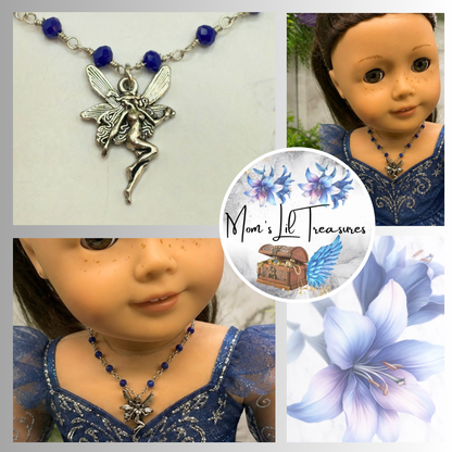 Silver-Tone Fairy Pendant Blue Glass Crystal Beaded Doll Necklace • 18 Inch Fashion Doll Jewelry