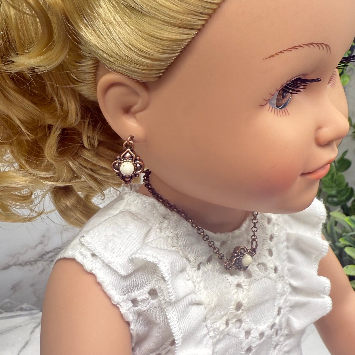 Copper Color Filigree Diamond Charm Doll Necklace & Earrings Set • 18 Inch Fashion Doll Jewelry