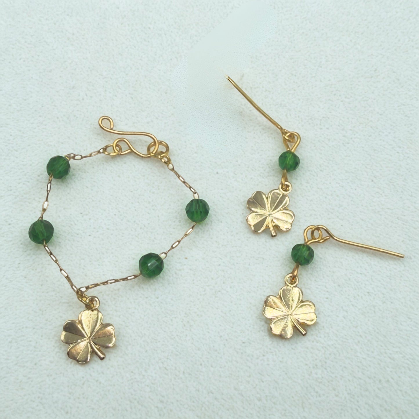Green Bead Gold Four-Leaf Clover Doll Necklace & Earrings • 16 Inch Fashion Doll Jewelry