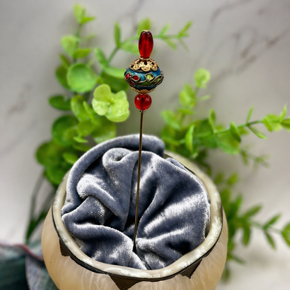 Red Lucite Blue Green Cloisonné Floral Design Gold Filigree Hatpin • 6 Inch