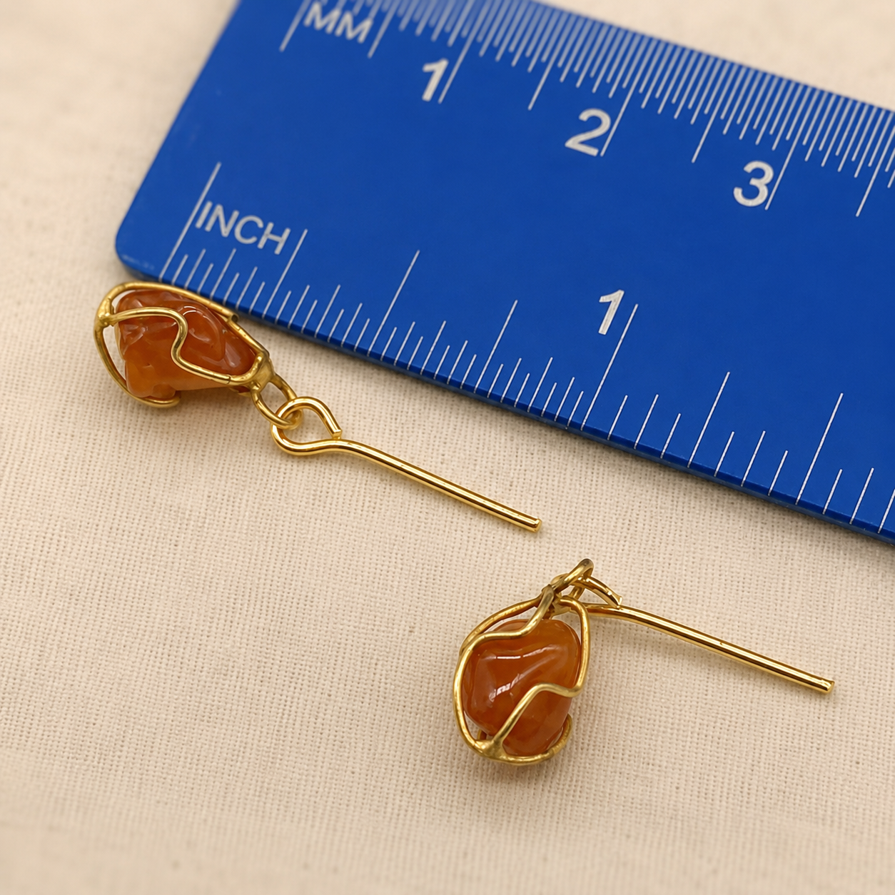 Red Orange Glass Stone Gold Tone  Cage Dangle Doll Earrings • 18” Doll Jewelry