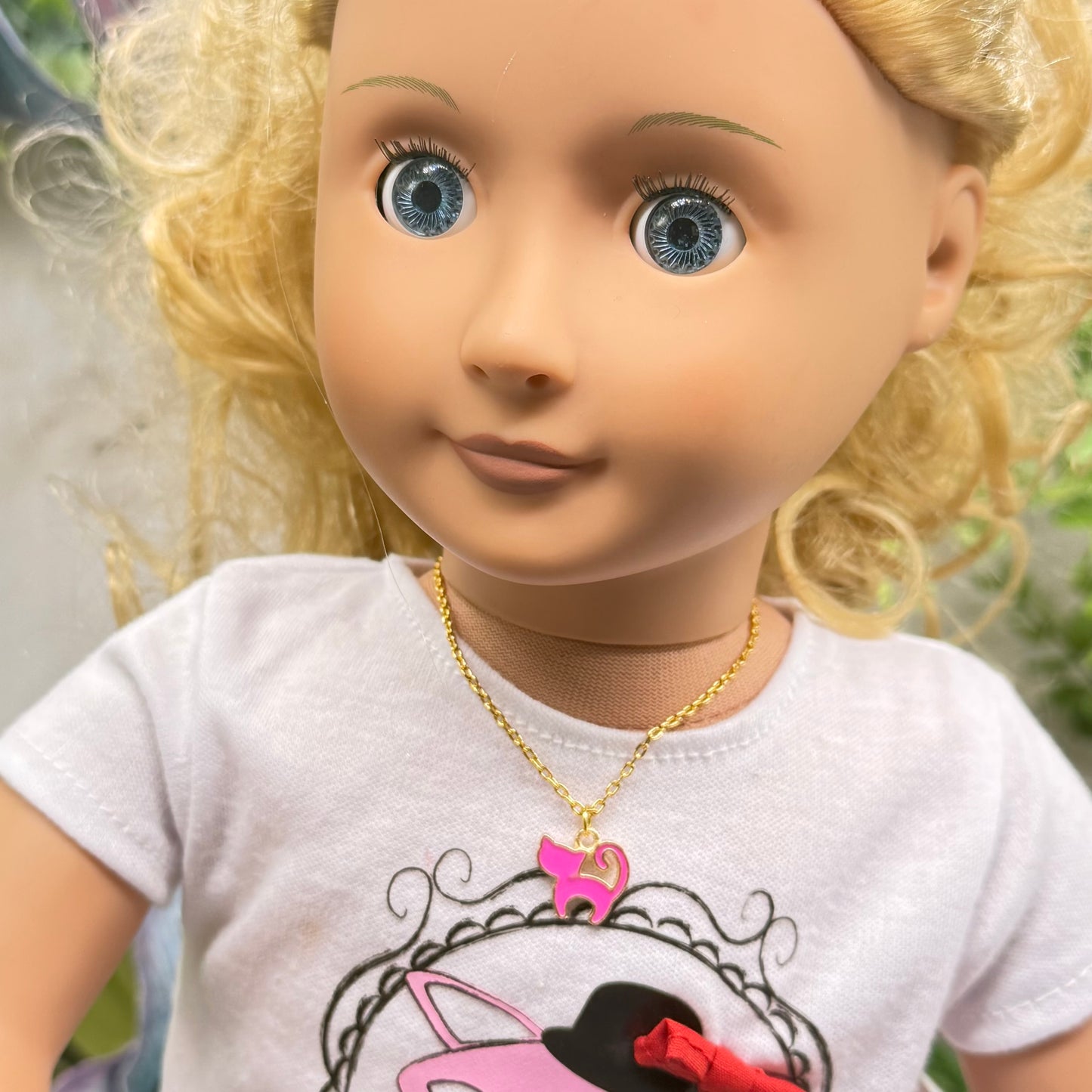 Pink Enamel Cat Charm Gold Doll Necklace • 18 Inch Fashion Doll Jewelry