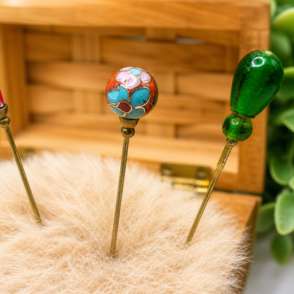 Green Orange Glass Flower Cloisonné Set of 4 • Stick Pins, Hatpins Gifts for Her