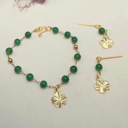 Green Beaded Chain Gold Clover Charm Doll Necklace & Earrings • 18 Inch Fashion Doll Jewelry