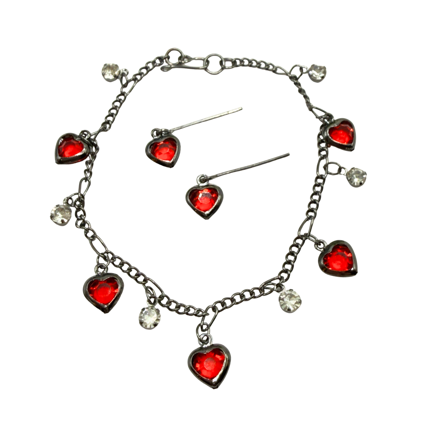 Red Rhinestone Heart Dangles Gunmetal Chain Doll Necklace & Earrings Set • 18 Inch Fashion Doll Jewelry