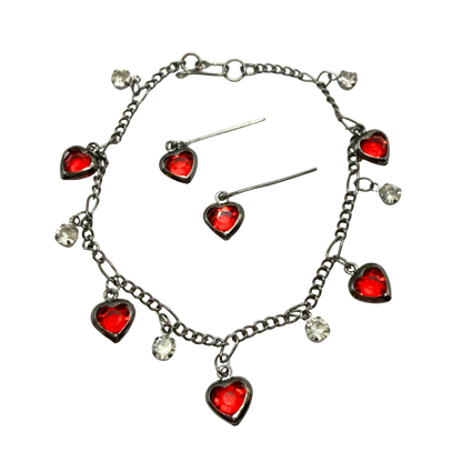 Red Rhinestone Heart Dangles Gunmetal Chain Doll Necklace & Earrings Set • 18 Inch Fashion Doll Jewelry