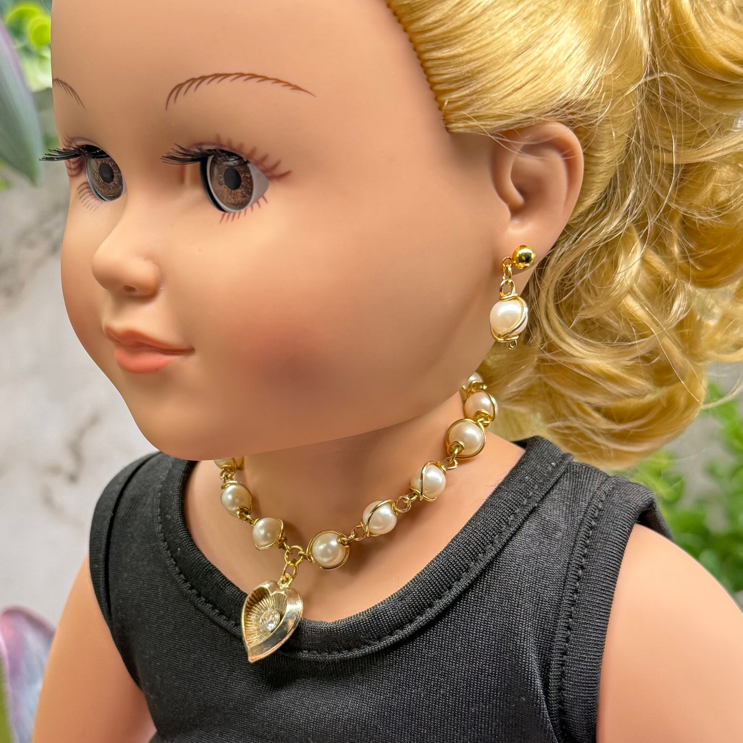 Gold Heart Rhinestone Accent Charm Pearl Link Doll Necklace & Earrings • 18 Inch Fashion Doll Jewelry