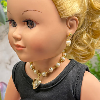 Gold Heart Rhinestone Accent Charm Pearl Link Doll Necklace & Earrings • 18 Inch Fashion Doll Jewelry