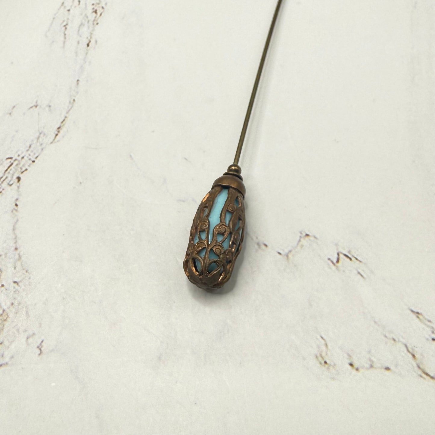 Ornate Vintage Style Copper Tone Lantern shape Filigree Cage Turquoise Glass Hatpin - 5 inch • Hatpin - Stick Pin