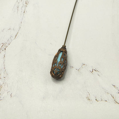 Ornate Vintage Style Copper Tone Lantern shape Filigree Cage Turquoise Glass Hatpin - 5 inch • Hatpin - Stick Pin