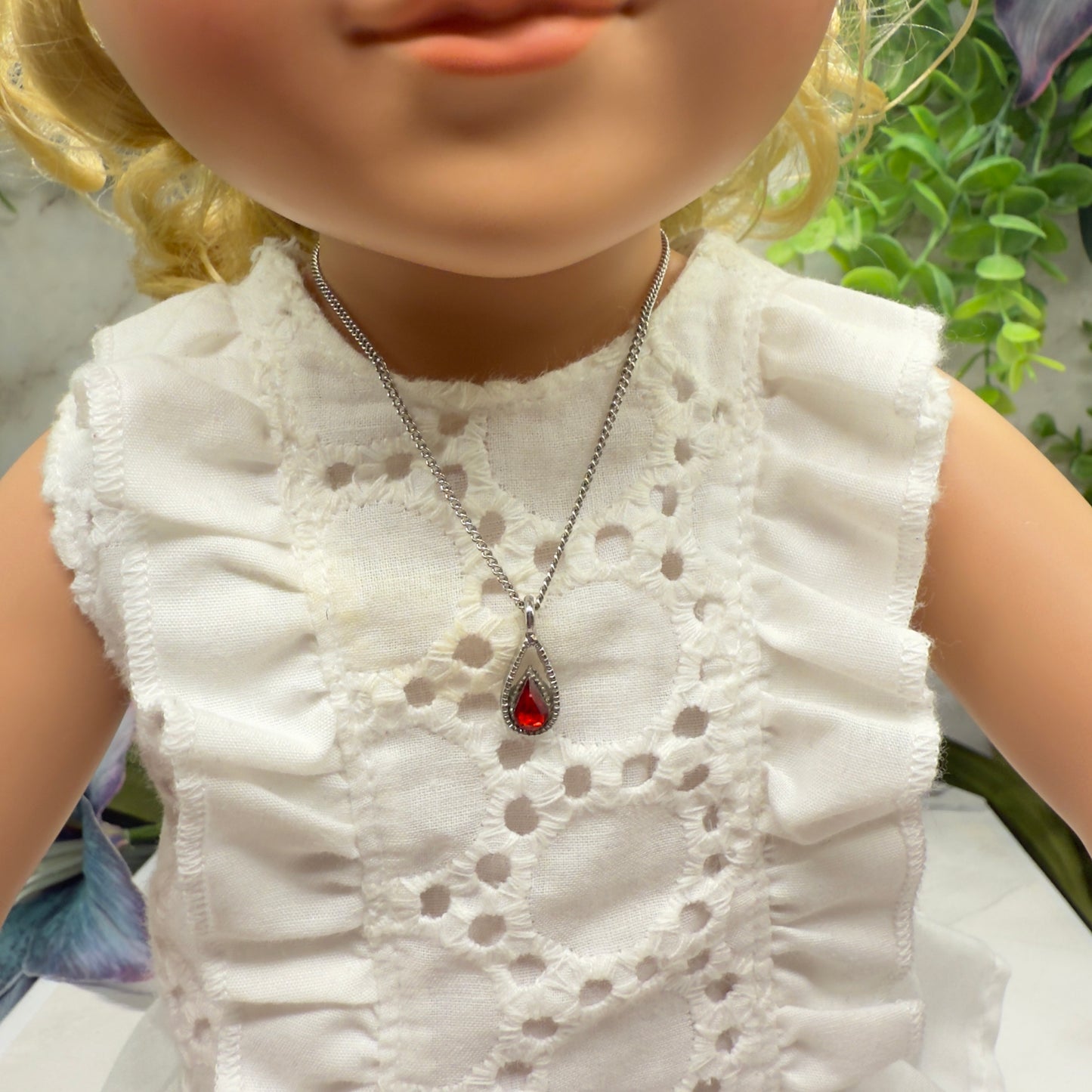 Red Teardrop Rhinestone Pendant Silver Chain Doll Necklace • 18 Inch Fashion Doll Jewelry