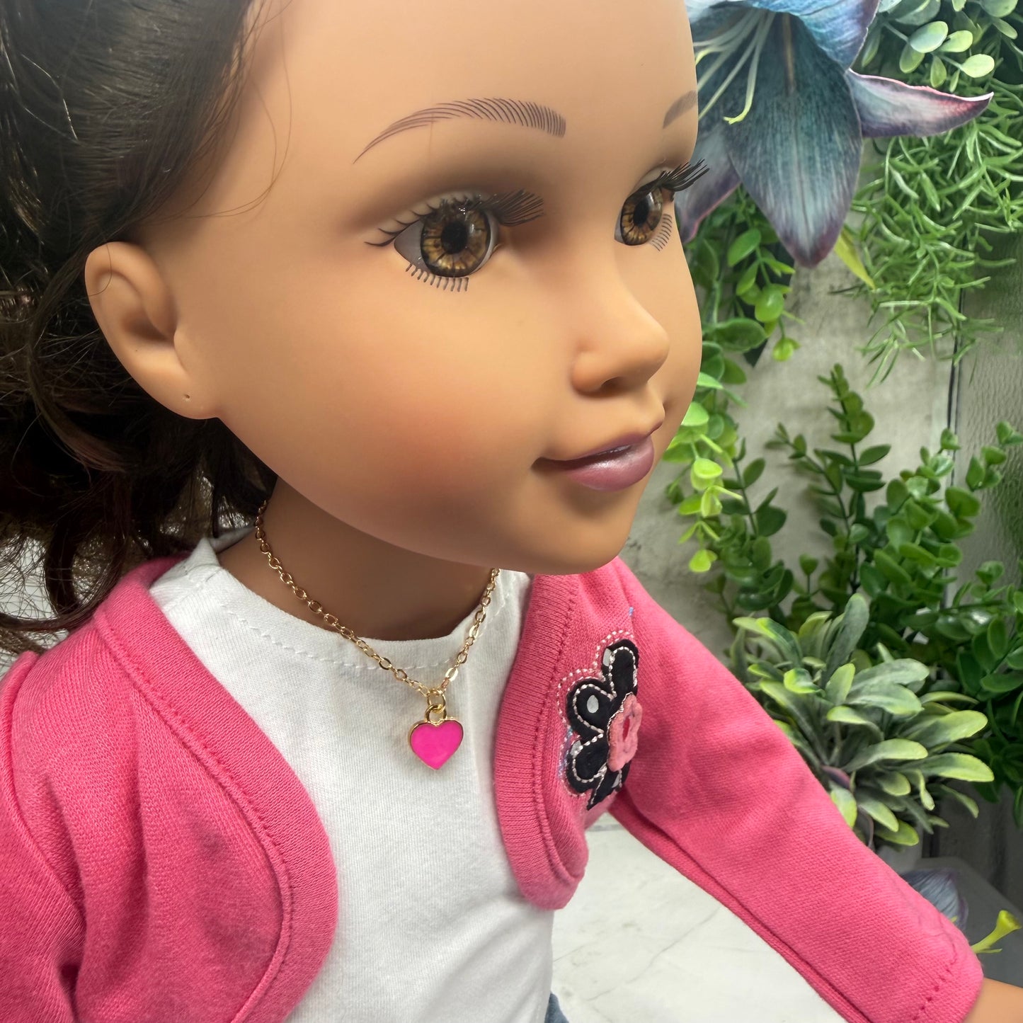 Pink Heart Charm Gold Chain Doll Necklace • 18 Inch Fashion Doll Jewelry