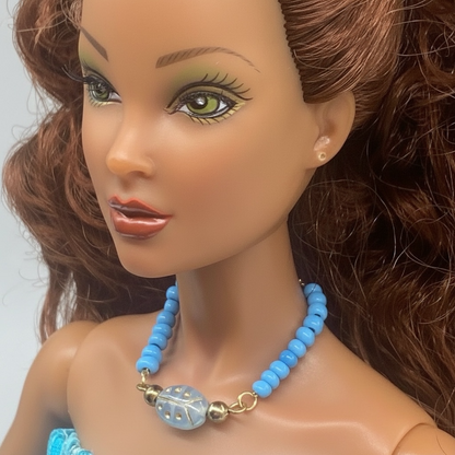 Turquoise Blue Glass Beaded Gold Doll Necklace • 16 Inch Fashion Doll Jewelry