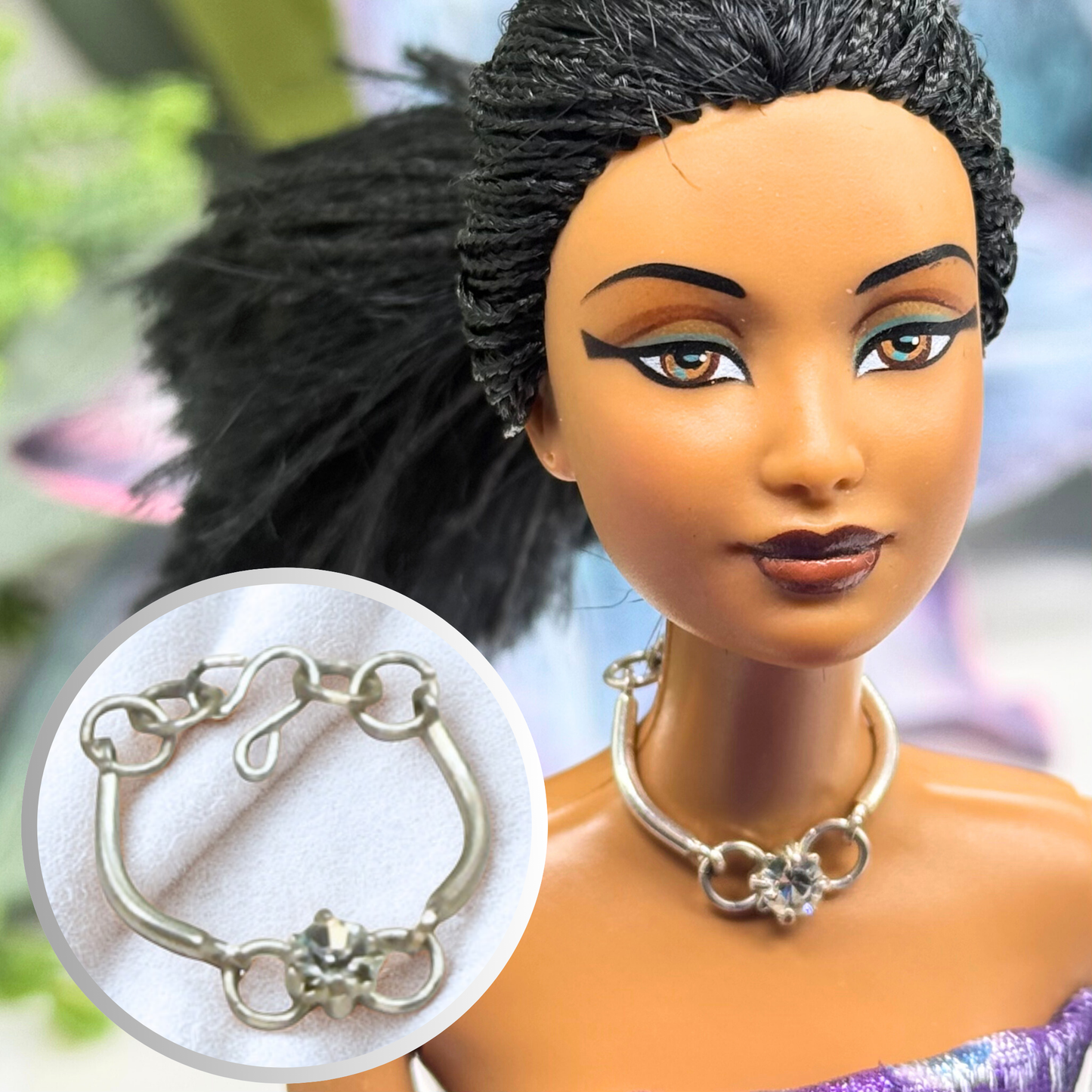Silver Curved Link Rhinestone Charm Doll Necklace • 10-12 Inch Fashion Doll Jewelry 1:6