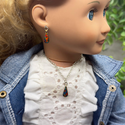 Multi Color Enamel Teardop Shape Necklace & Earrings Set • 18 Inch Fashion Doll Jewelry