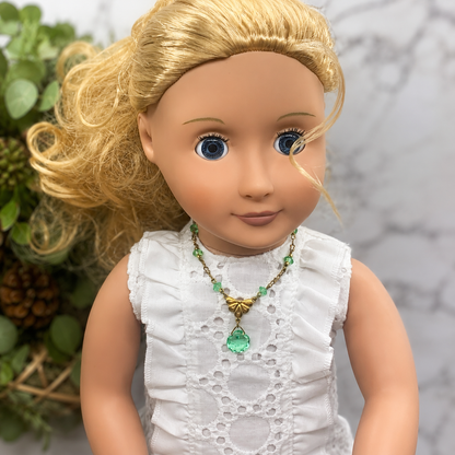 Green Glass Crystal Pendant Gold Doll Necklace • 18 Inch Fashion Doll Jewelry