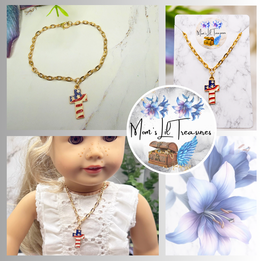 Red White Blue Flag Cross Charm Doll Necklace for 18 Inch Fashion Doll