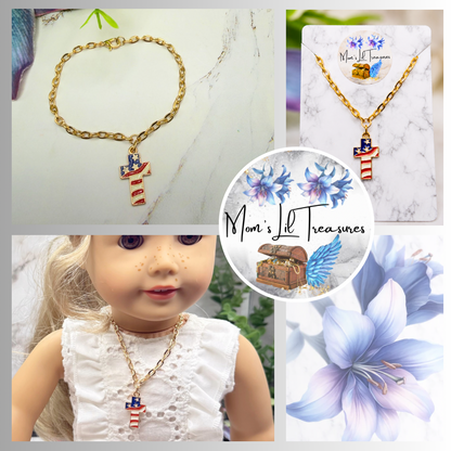 Red White Blue Flag Cross Charm Doll Necklace for 18 Inch Fashion Doll