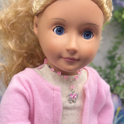 Translucent Pink Bead Butterfly Charm Doll Necklace • 18 Inch Fashion Doll Jewelry