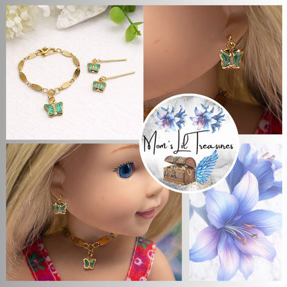 Teal Crystal Butterfly Charm Gold Oval Link Doll Necklace & Earrings • 14 Inch Fashion Doll Jewelry
