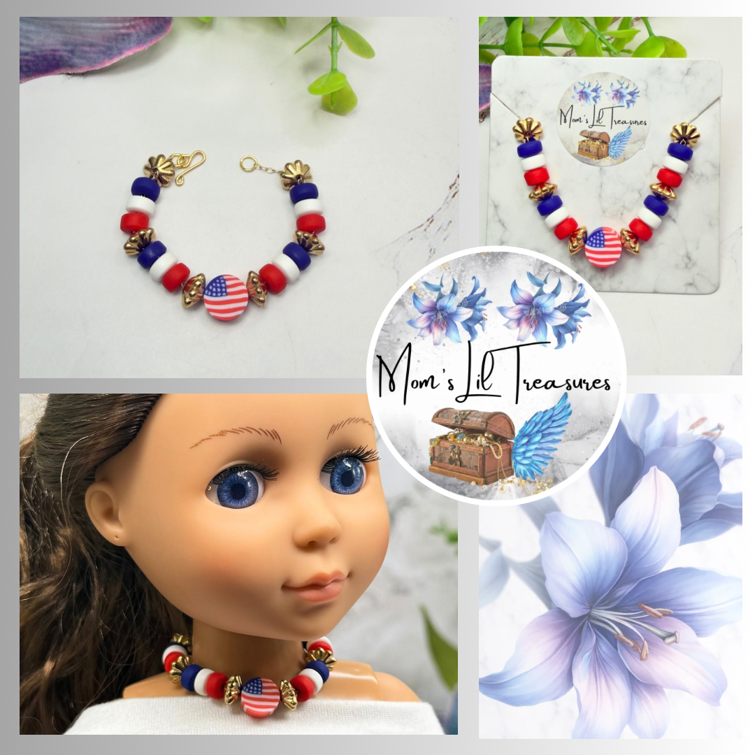 Red White Blue Americana Beaded Doll Necklace for 14 Inch Fashion Dolls