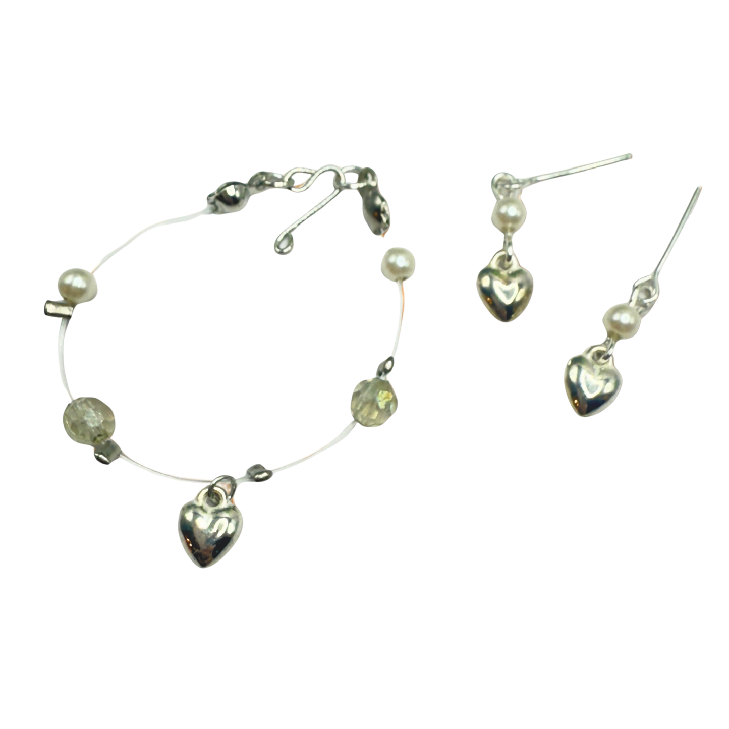 Silver Heart Charm Nylon String Pearl & Acrylic Crystal Necklace & Earrings • 14 Inch Fashion Doll Jewelry