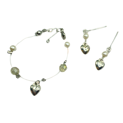 Silver Heart Charm Nylon String Pearl & Acrylic Crystal Necklace & Earrings • 14 Inch Fashion Doll Jewelry