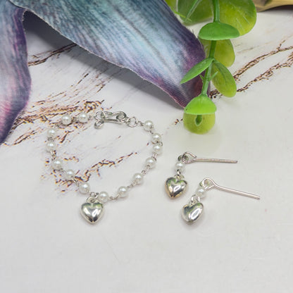 Pearl Beaded Silver Heart Charm Doll Necklace & Earrings • 16 Inch Fashion Doll Jewelry