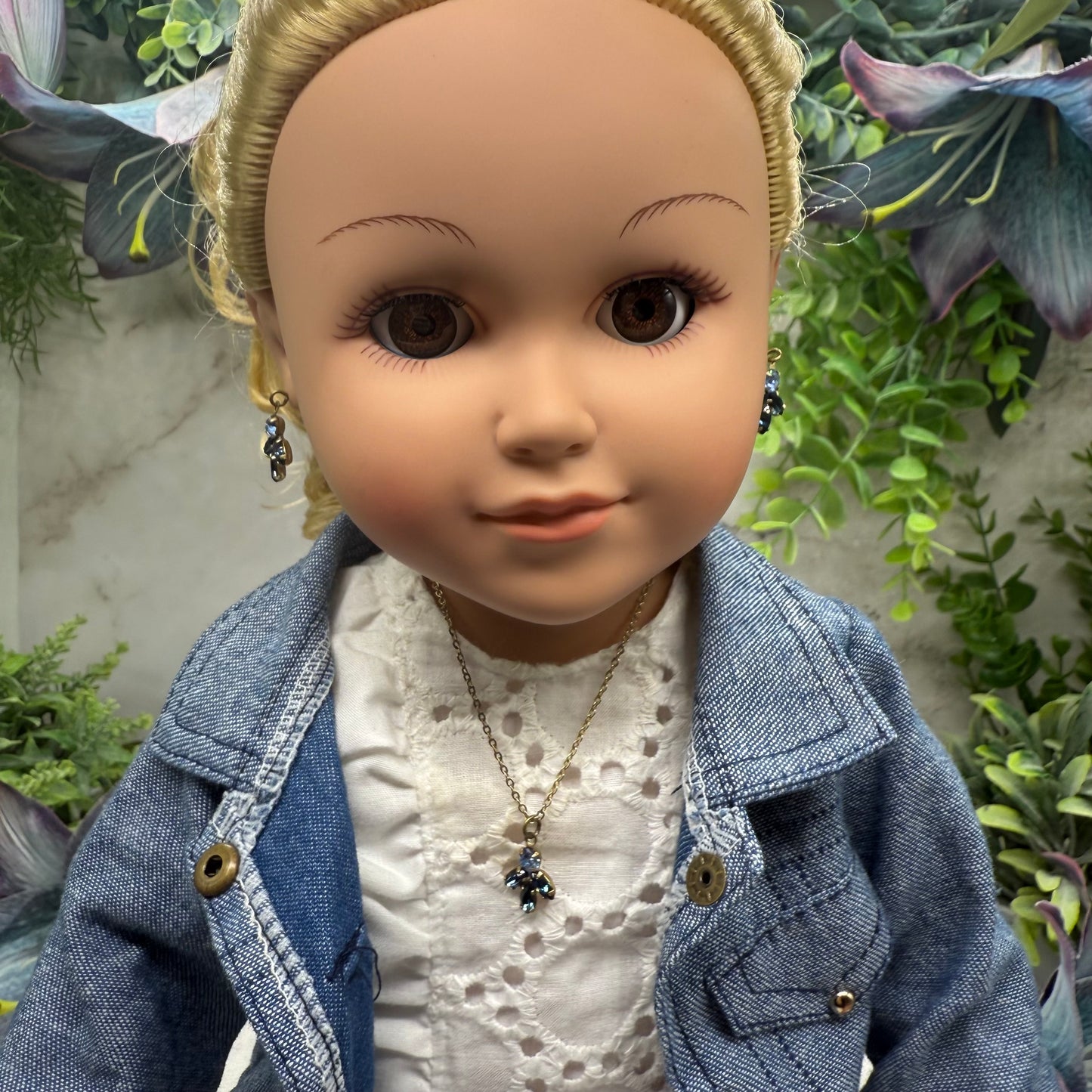 Blue Rhinestone Gold Tone Dangle Doll Earrings and Necklace Set • 18 Inch Fashion Doll Jewelry